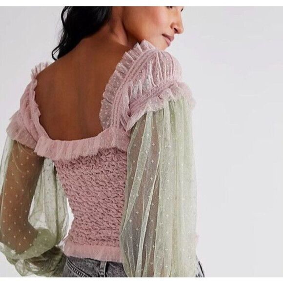 NWT FREE PEOPLE Sz XS NOTHING SWEETER TOP SMOCKED LACE LONG SLEEEVE - Picture 3 of 3